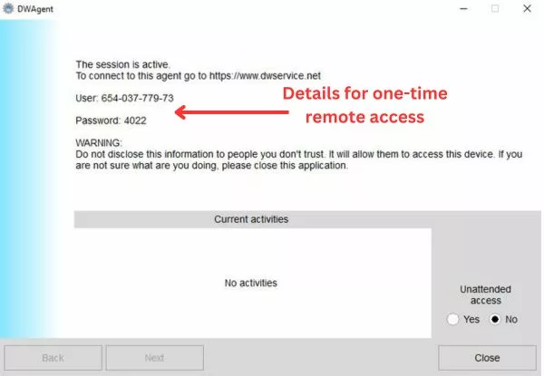 Details for one-time remote access