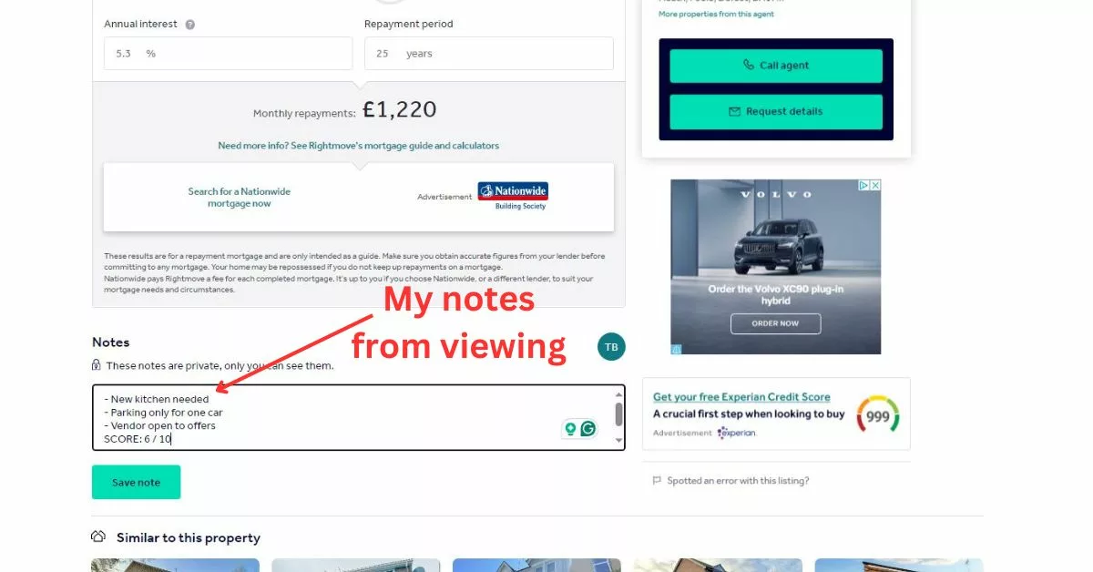 Notes from viewing added to Rightmove notes